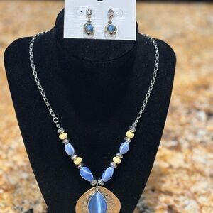 Christopher & Banks Blue and Cream Bead Necklace with Pendant